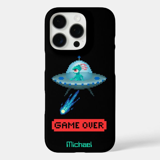 'Game Over' Alien Flying UFO Spaceship, Pixel Art Case-Mate iPhone Case (Back)