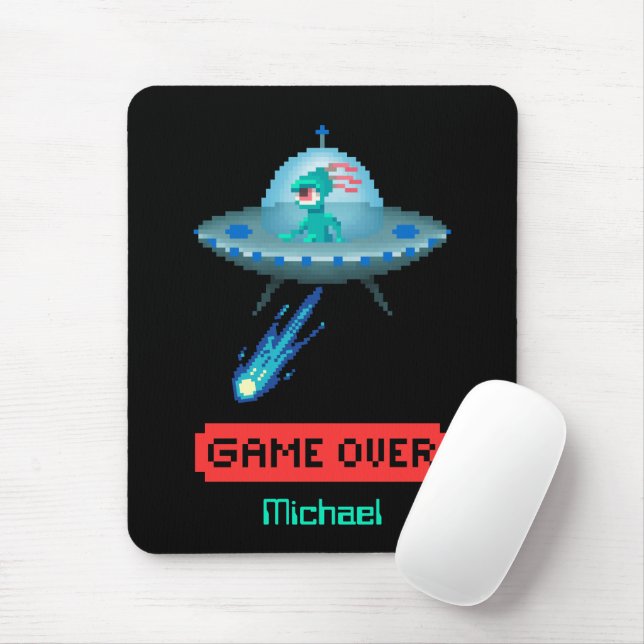 'Game Over' Alien Flying UFO Spaceship, Pixel Art Mouse Pad (With Mouse)