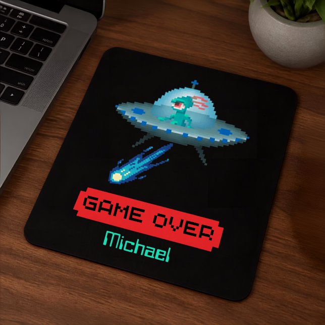 'Game Over' Alien Flying UFO Spaceship, Pixel Art Mouse Pad (Creator Uploaded)
