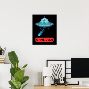 'Game Over' Alien Flying UFO Spaceship, Pixel Art Poster