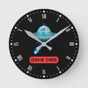 'Game Over' Alien Flying UFO Spaceship, Pixel Art Round Clock