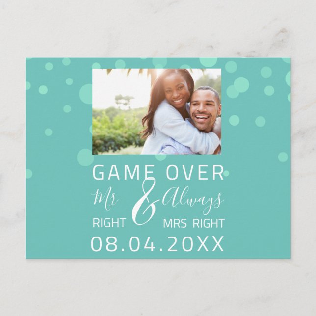 Game Over Funny Save The Date Wedding Aqua Photo Postcard (Front)