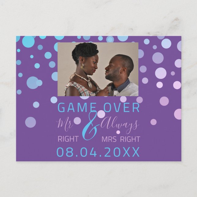 Game Over Funny Save The Date Wedding Purple Photo Postcard (Front)