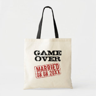 Game Over funny tote bag with wedding date stamp