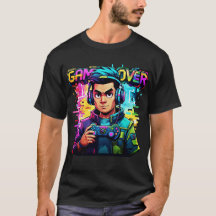 Game Over Glitch T-Shirt Retro Neon Gamer Tee