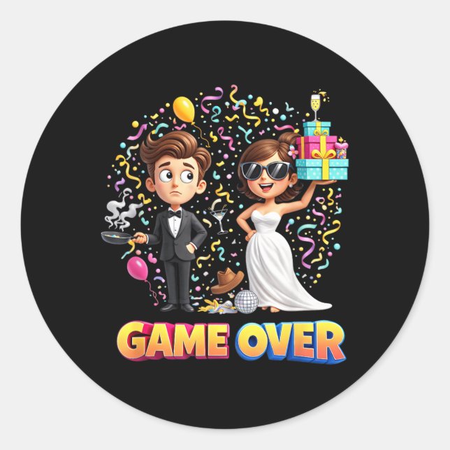 Game-Over Groom Bride Wedding Bachelor Classic Round Sticker (Front)