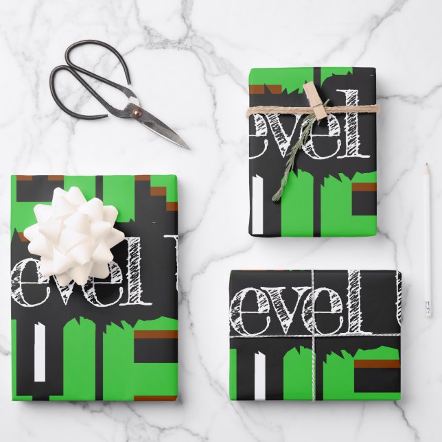 Game Over, Level Up: Pixelated Retro Game World Wrapping Paper Sheet (Front)