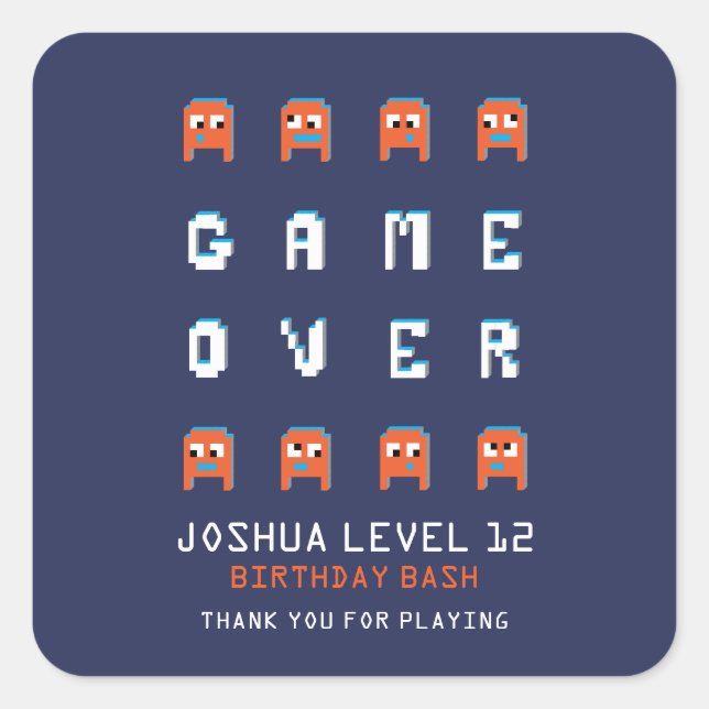 Game over monster aliens birthday party thank you square sticker (Front)