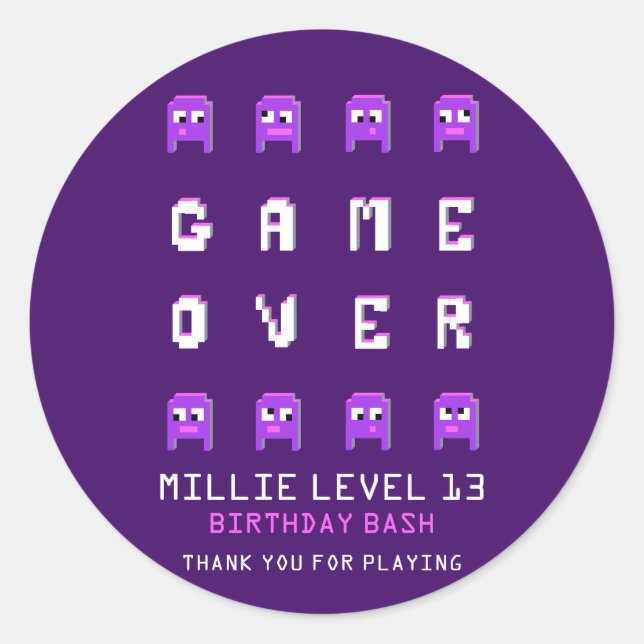Game over monster purple birthday party thank you classic round sticker (Front)