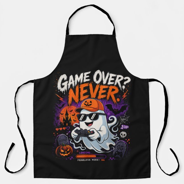 Game Over Never Funny Gamer Ghost Halloween Apron (Front)