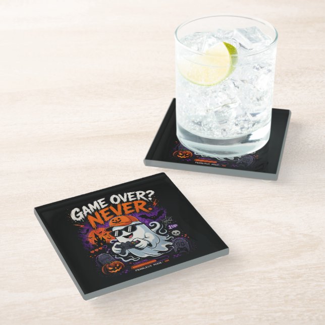 Game Over Never Funny Gamer Ghost Halloween Glass Coaster (Angled)