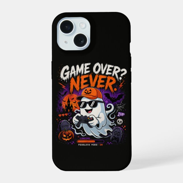 Game Over Never Funny Gamer Ghost Halloween iPhone 15 Case (Back)