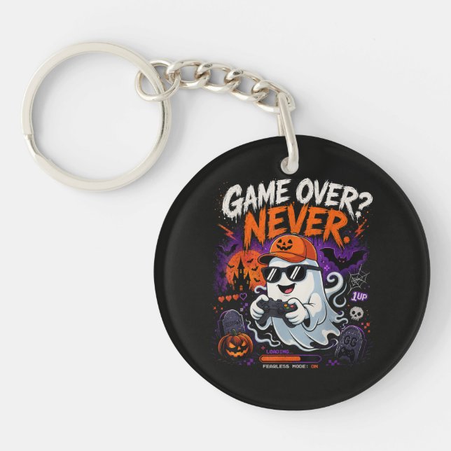 Game Over Never Funny Gamer Ghost Halloween Key Ring (Front)