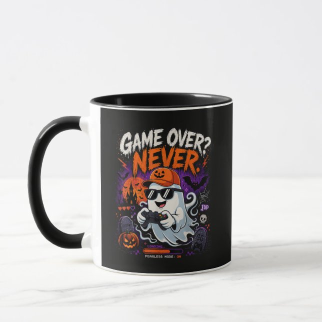 Game Over Never Funny Gamer Ghost Halloween Mug (Left)