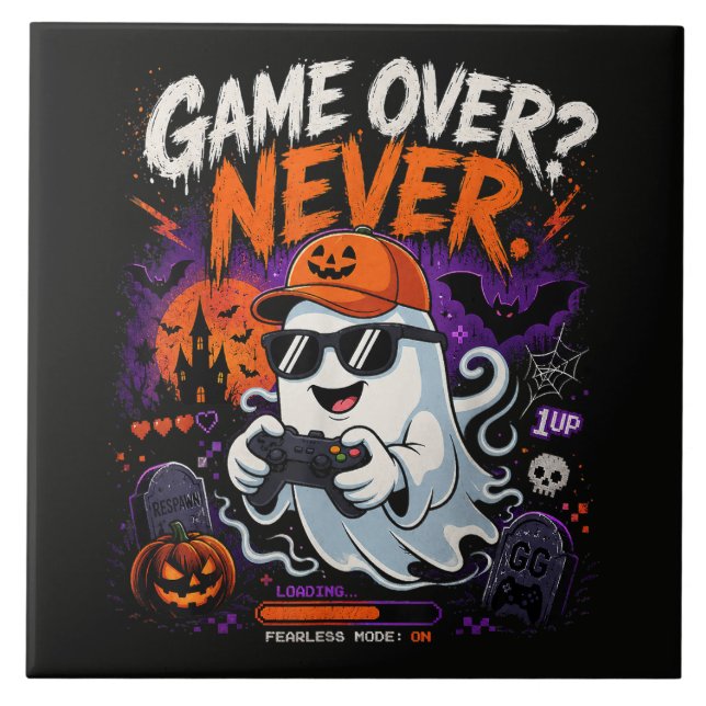 Game Over Never Funny Gamer Ghost Halloween Tile (Front)