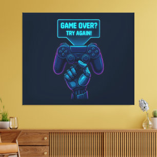 Game Over? Try Again! Futuristic Gamer Canvas Art