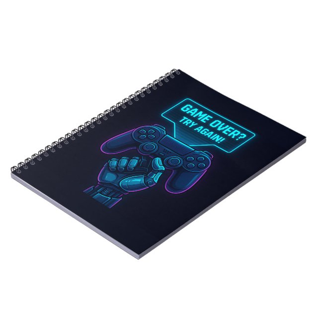 Game Over? Try Again! Futuristic Gamer Spiral  Notebook (Left Side)