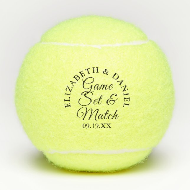 Game Set And Match Elegant Script Wedding Favour Tennis Balls (Front)