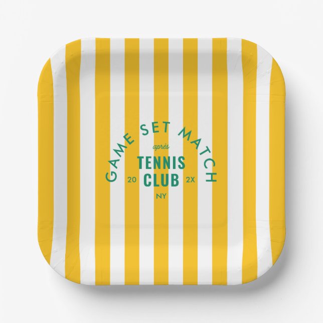 Game Set Match Après Tennis Club Yellow Stripe Paper Plate (Front)