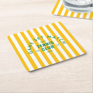 Game Set Match Après Tennis Club Yellow Stripe Square Paper Coaster