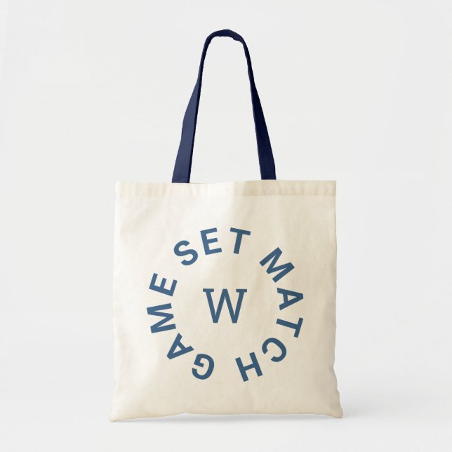 Game Set Match Blue Monogram Initial Tennis Tote Bag (Front)