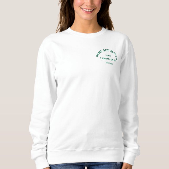 Game Set Match Green Crest  Womens Tennis White Sweatshirt (Front)
