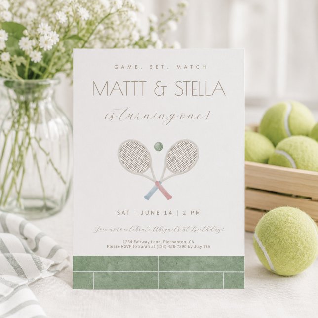 Game Set Match Tennis Twin First Birthday invite (Creator Uploaded)