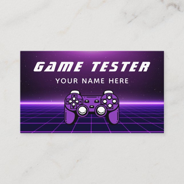 Game Tester Developer Gamer Futuristic Purple Business Card (Front)