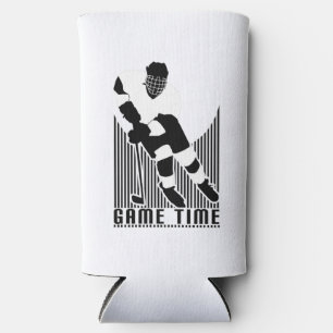 Game Time Hockey Player Black White Athletic Sport Seltzer Can Cooler