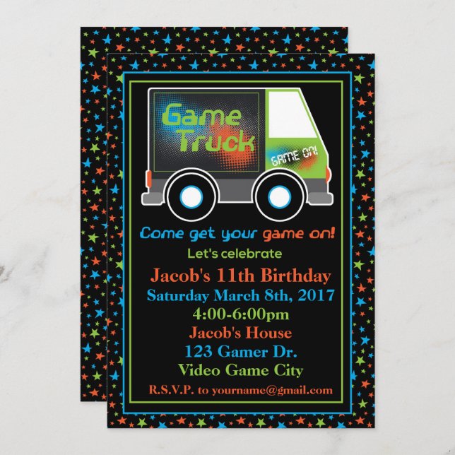 Game Truck, Video Game Birthday Party Invitation (Front/Back)