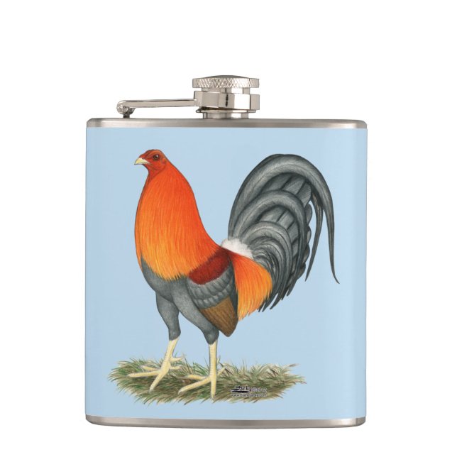 Gamecock Blue Red Rooster Hip Flask (Front)