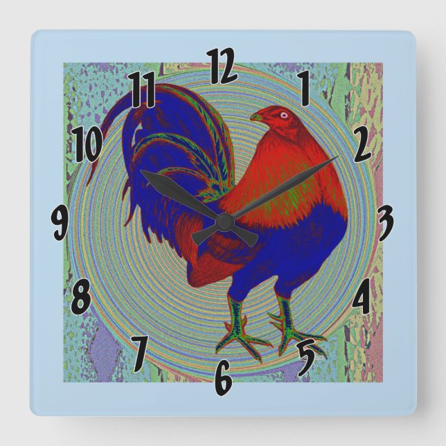 Gamecock:  Impressionist Rooster Square Wall Clock (Front)