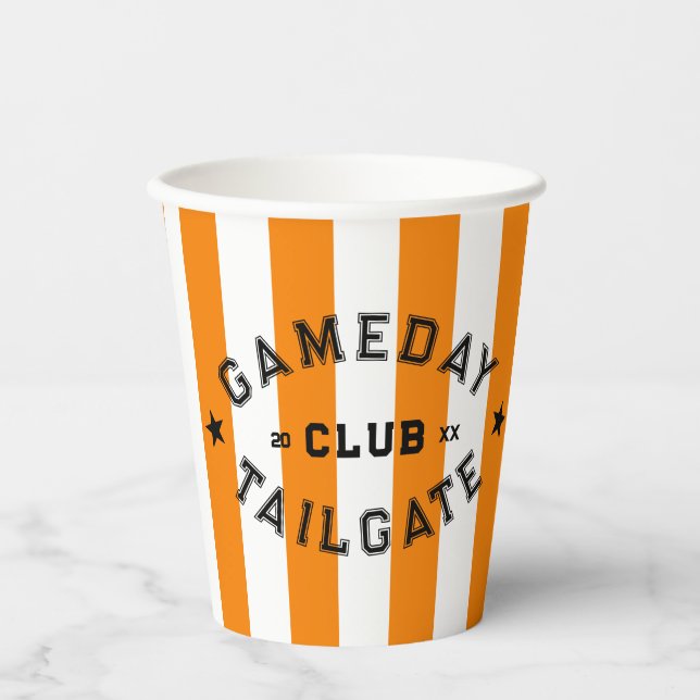 Gameday Tailgate Club Orange Stripe Custom Party Paper Cups (Front)