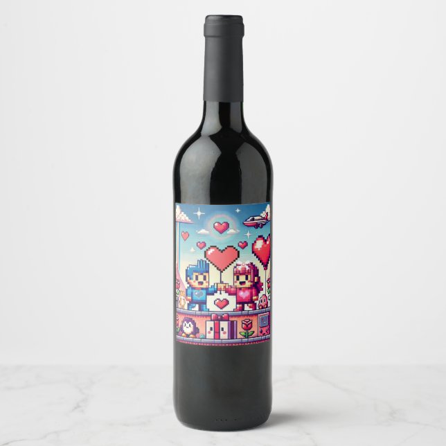 Gamer 8 bit Valentine's Day  Wine Label (Front)