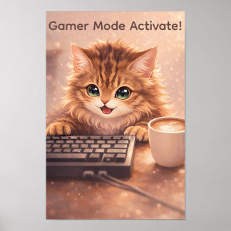 Gamer Anime Cat at Keyboard Poster