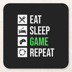Gamer Art Eat Sleep Game Repeat Square Paper Coaster