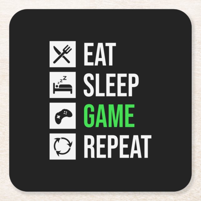 Gamer Art Eat Sleep Game Repeat Square Paper Coaster (Front)