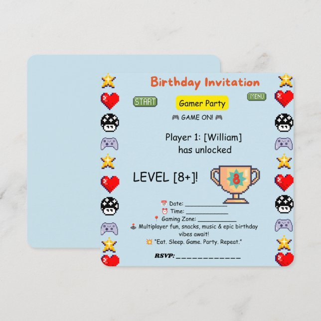 Gamer Birthday Invitation – Retro Pixel Video Game (Front/Back)