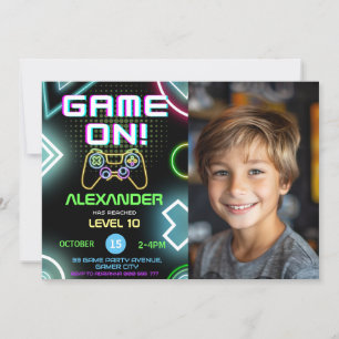 Gamer Boy 10th Neon Gaming Birthday Photo Invitation