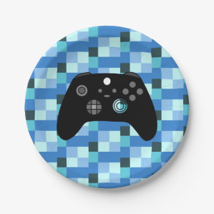 Gamer Boy Blue Pixels Birthday Paper Plate