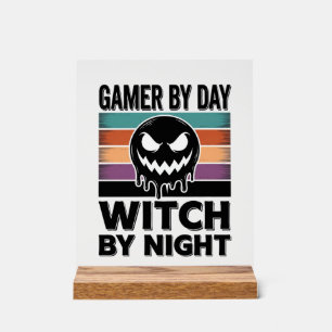 Gamer By Day Witch By Night Retro Halloween Design Acrylic Sign