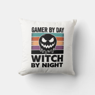 Gamer By Day Witch By Night Retro Halloween Design Cushion