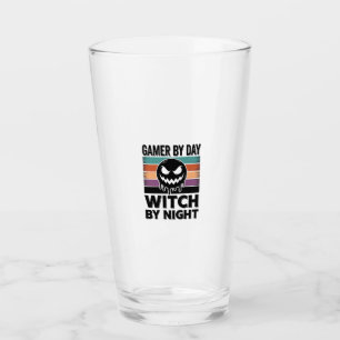 Gamer By Day Witch By Night Retro Halloween Design Glass