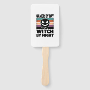 Gamer By Day Witch By Night Retro Halloween Design Hand Fan