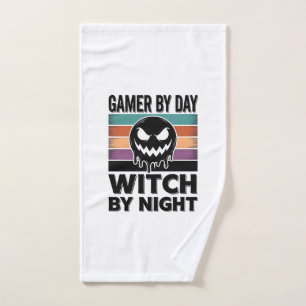 Gamer By Day Witch By Night Retro Halloween Design Hand Towel