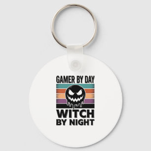 Gamer By Day Witch By Night Retro Halloween Design Key Ring