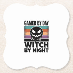 Gamer By Day Witch By Night Retro Halloween Design Paper Coaster