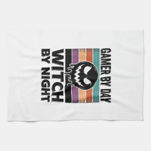 Gamer By Day Witch By Night Retro Halloween Design Tea Towel