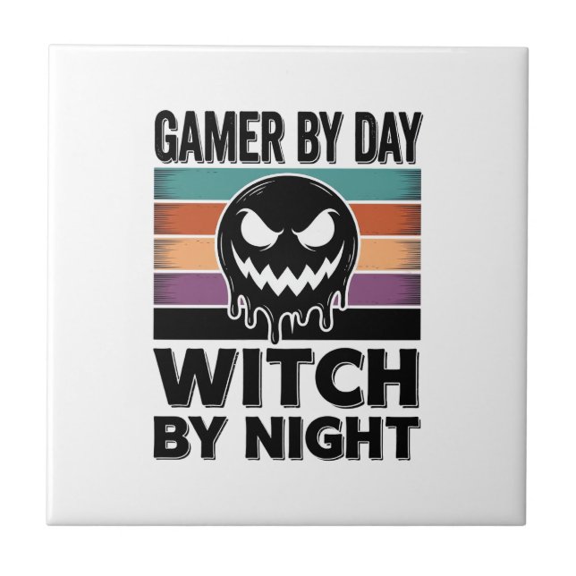 Gamer By Day Witch By Night Retro Halloween Design Tile (Front)