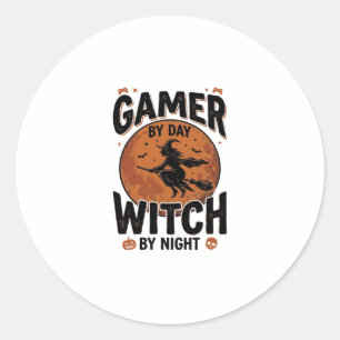 Gamer By Day Witch By Night Vintage Gaming Design_ Classic Round Sticker
